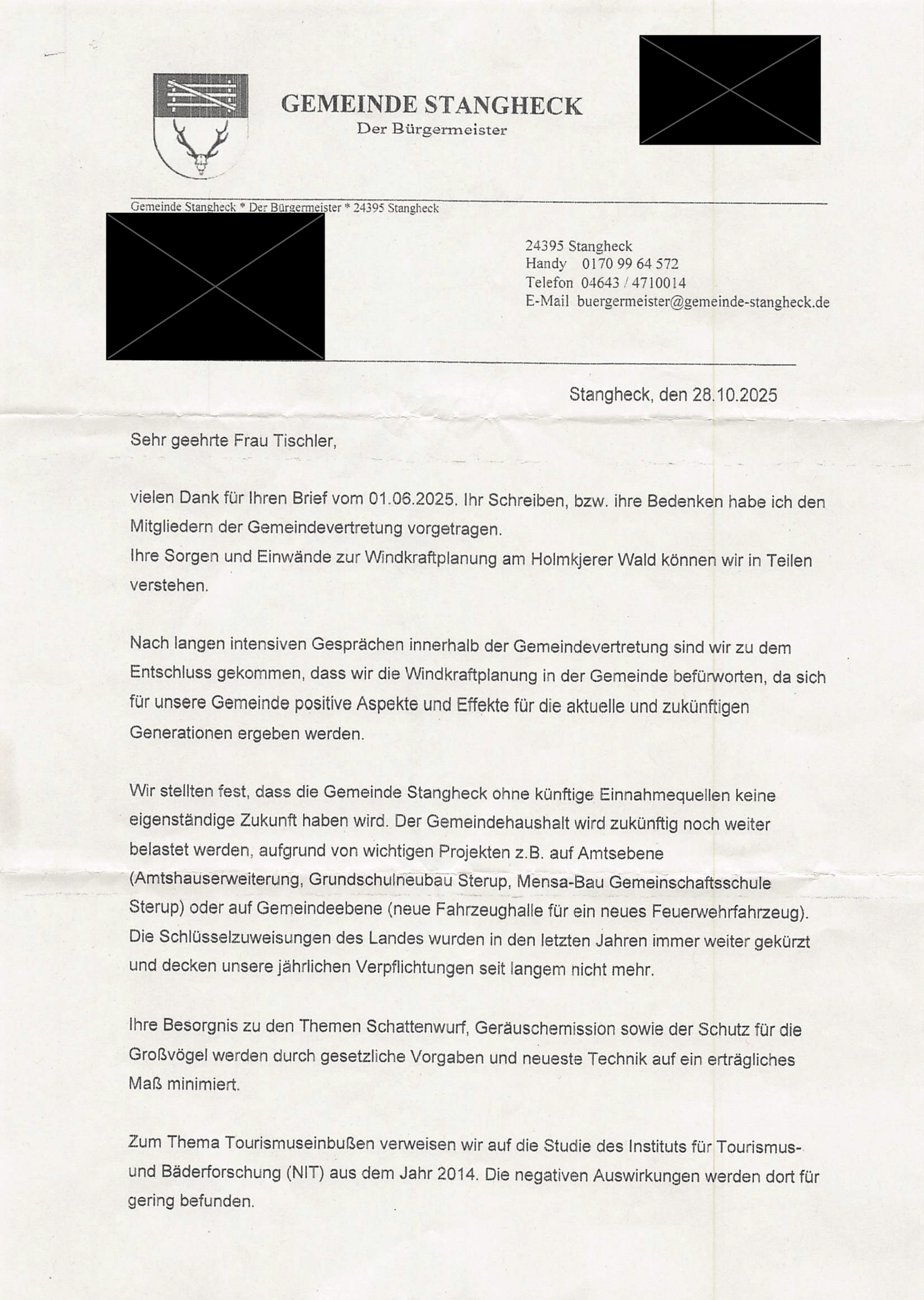 Schreiben des Bürgermeisters Stangheck – Seite 1